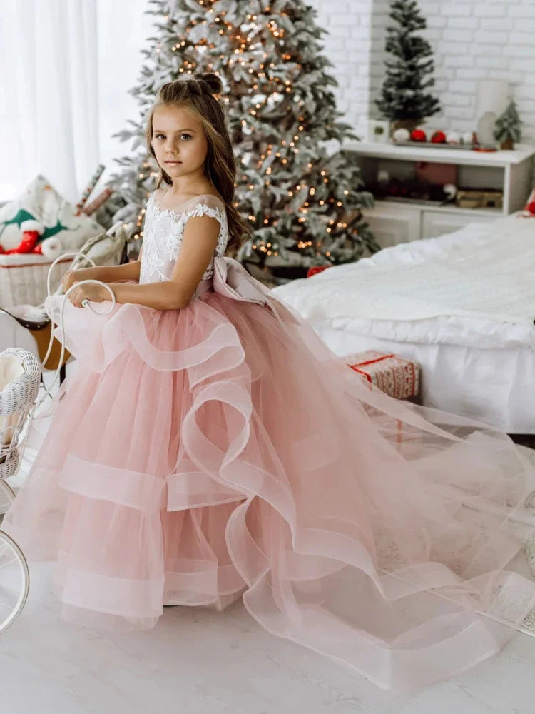 Vestido de princesa para banquete de cumpleaños, vestidos para niñas de flores, tul rosa polvoriento, apliques blancos escalonados con lazo, sin mangas para boda 