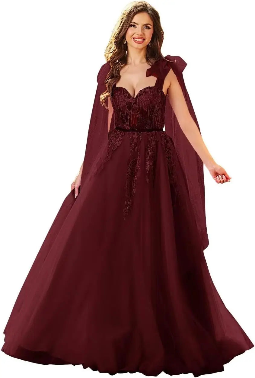 Vestidos de fiesta de tul con apliques de encaje para mujer, tirantes finos ajustables, vestidos de gala largos de corte A, vestidos de noche, vestidos de fiesta 