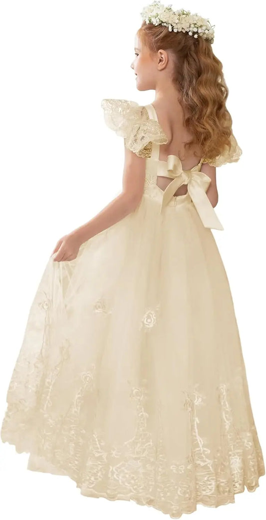 Vestidos de niña de las flores con apliques de encaje para boda 2025, vestido de primera comunión, vestido de fiesta largo, vestido de princesa con lazo en la espalda 