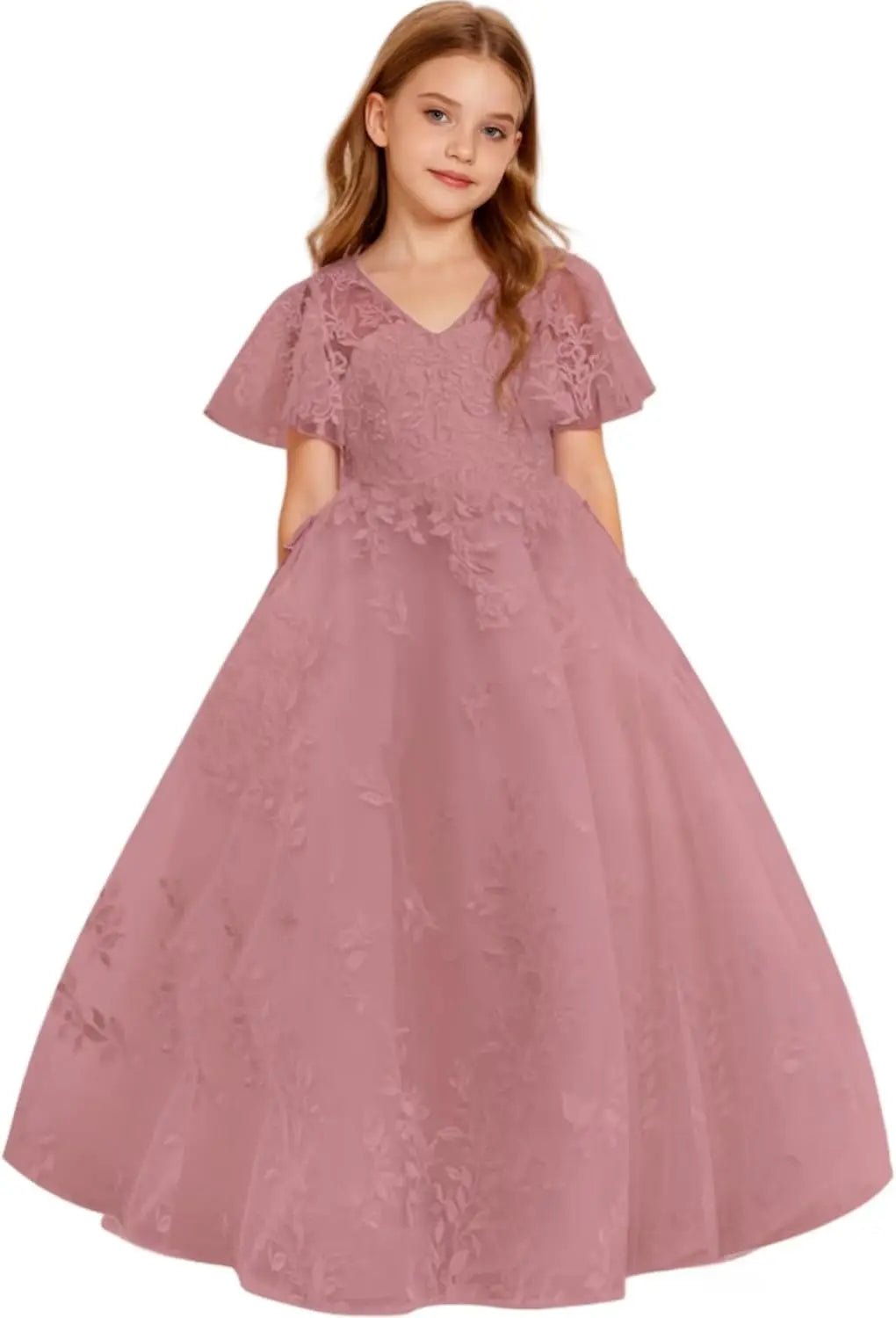 Vestido de primera comunión de encaje con mangas con volantes para niña de las flores, para boda, desfile, vestido de princesa 