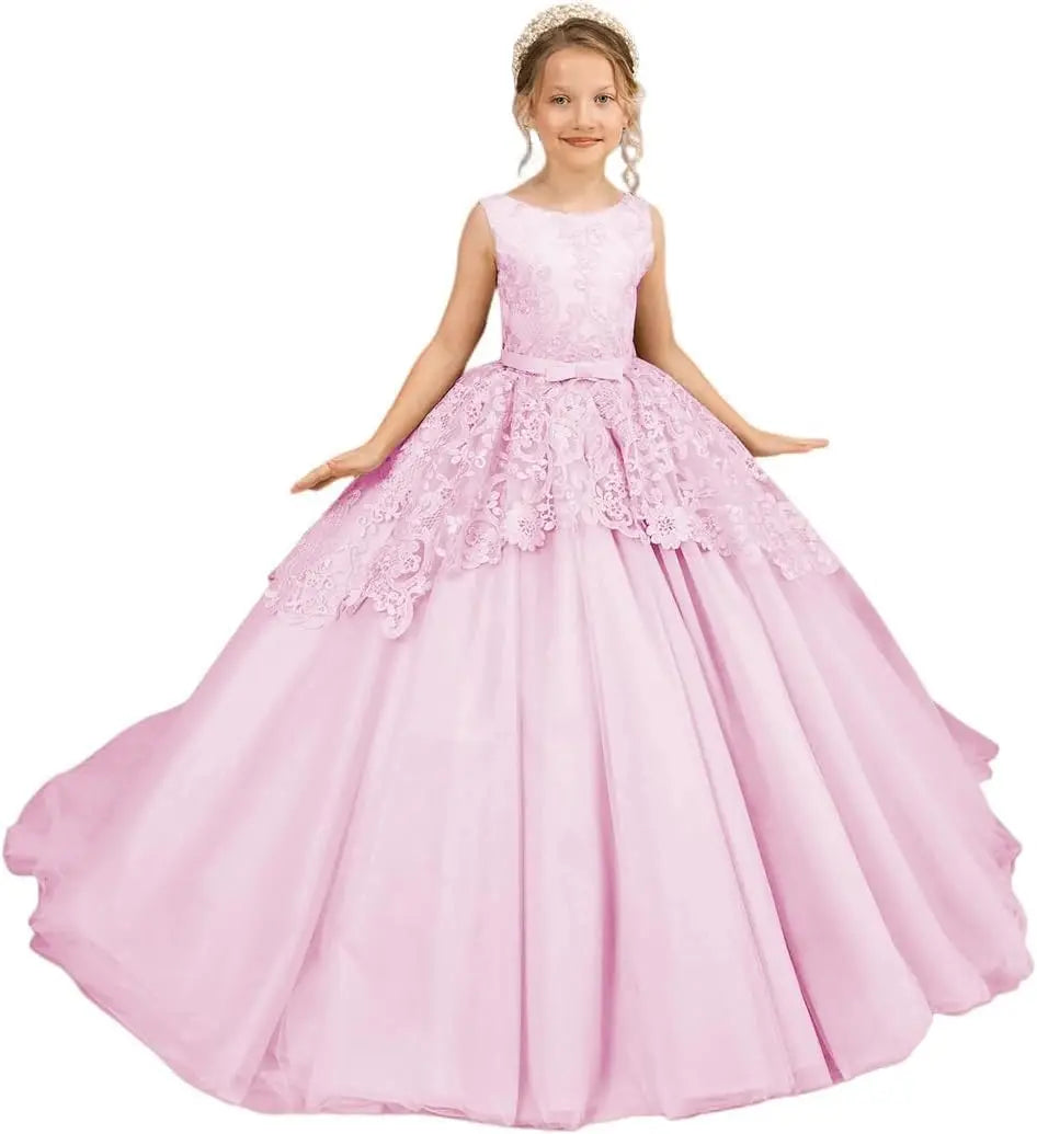 Tüll-Blumenmädchenkleid für Hochzeit, Spitzenapplikationen, bestickt, Prinzessin, Kinderfestzug, Geburtstagsparty, Festzugskleider für Mädchen 