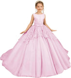 Tüll-Blumenmädchenkleid für Hochzeit, Spitzenapplikationen, bestickt, Prinzessin, Kinderfestzug, Geburtstagsparty, Festzugskleider für Mädchen 