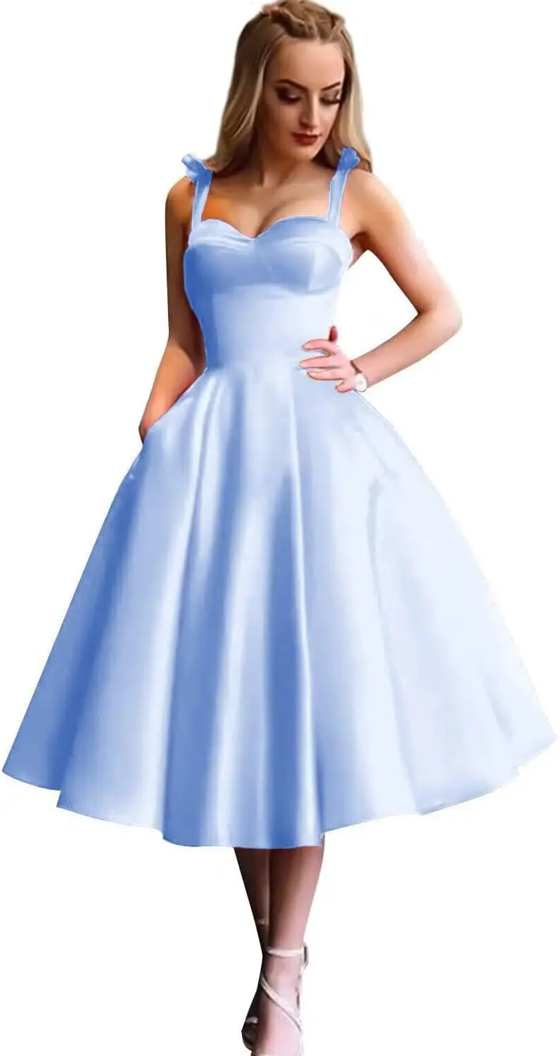 Damen Spaghettiträger Kurzes Satin Ballkleid Homecoming Kleid Sweetheart A-Linie Ballkleid Cocktailkleid mit Tasche 