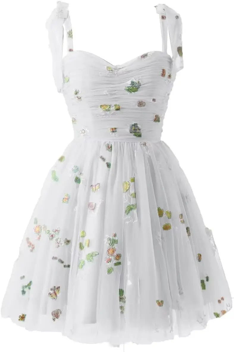 Vestidos cortos de fiesta para adolescentes con bordado de flores, tul, tirantes finos, largo hasta la rodilla, con margaritas y estampado floral. 