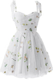 Vestidos cortos de fiesta para adolescentes con bordado de flores, tul, tirantes finos, largo hasta la rodilla, con margaritas y estampado floral. 