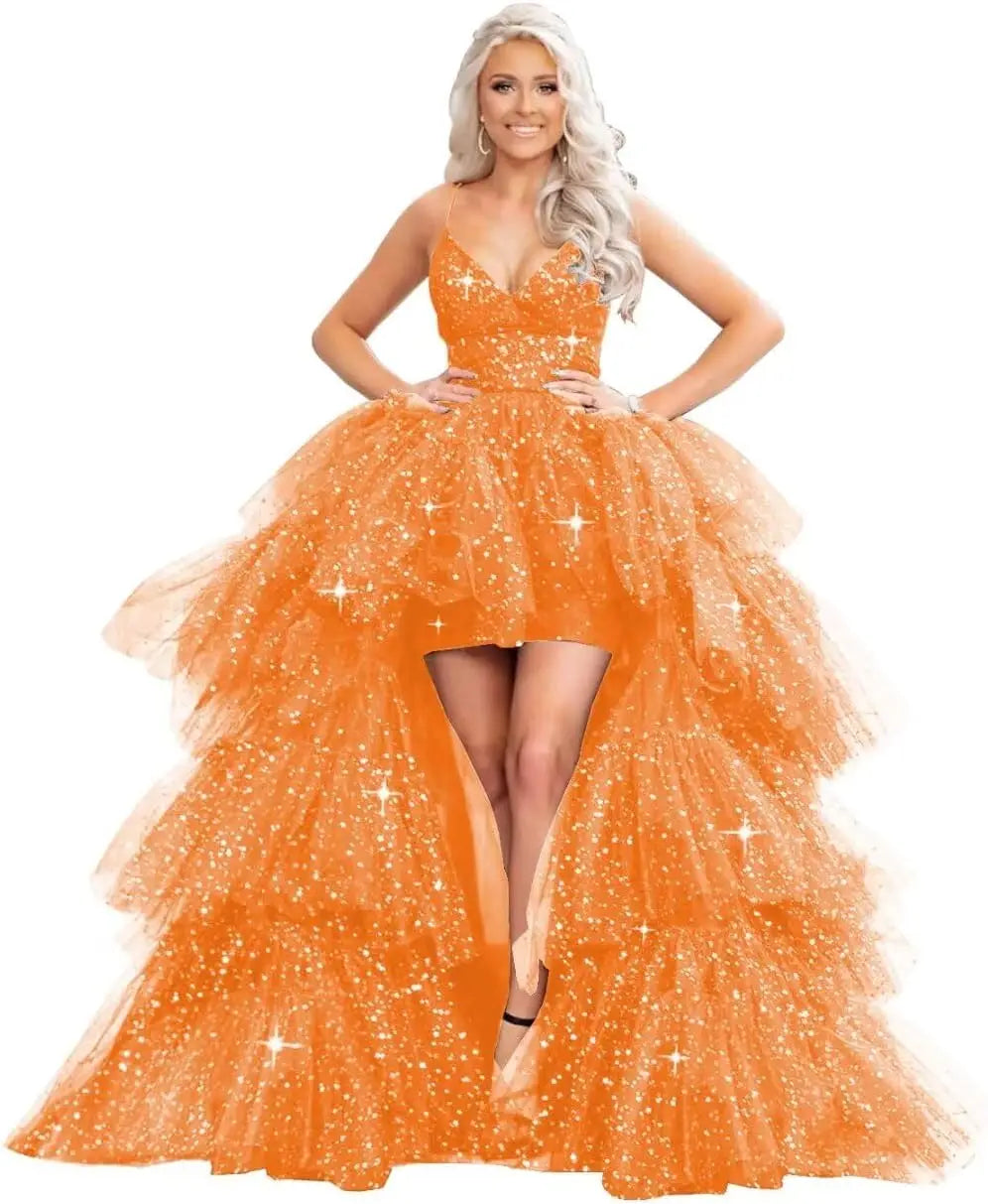 High Low Pailletten Tüll Ballkleider Mehrlagiges Romantisches Ballkleid für Damen Funkelndes Abendkleid Abendkleider 