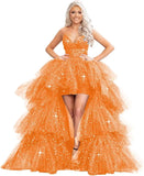 High Low Pailletten Tüll Ballkleider Mehrlagiges Romantisches Ballkleid für Damen Funkelndes Abendkleid Abendkleider 
