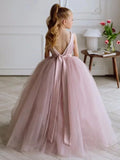 Vestidos de princesa para banquetes de fiesta de cumpleaños, vestidos de niña de las flores, tul rosa polvoriento, cuello de perlas con lazo y cinturón, sin mangas para boda 