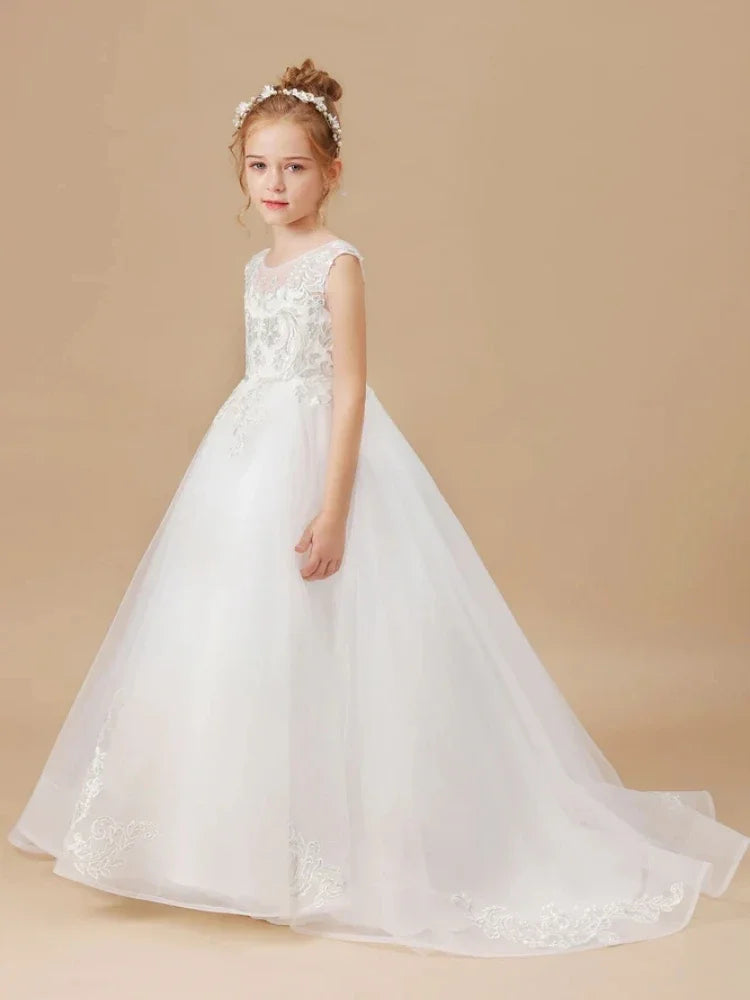 White Tulle Patterned Embroidery With Tailing Sleeveless For Wedding Birthday First Communion Gowns Flower Girl Dresses