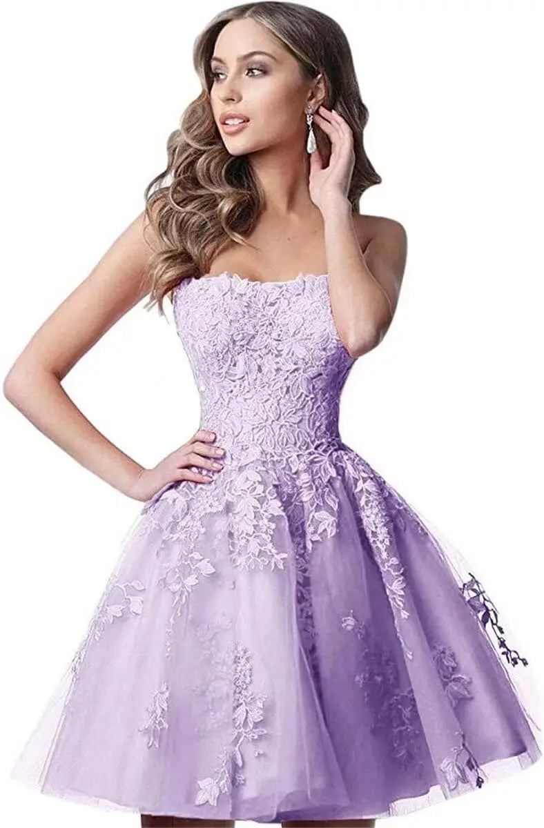 Spitzen-Heimkehrkleider, kurz, A-Linie, trägerlos, formelle Cocktailparty-Kleider, Abschlussballkleid, Ballkleider, Minikleid 