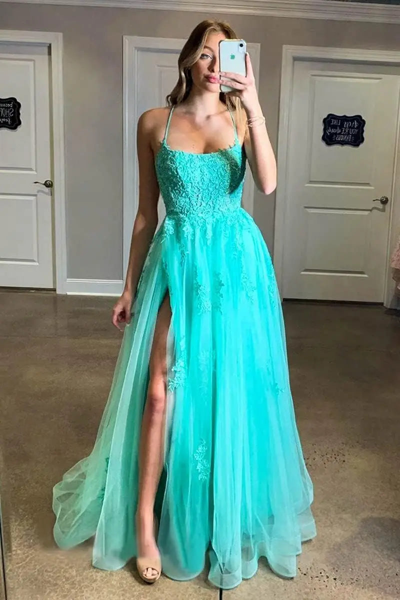 Vestidos de fiesta largos de encaje cruzado con tirantes finos y abertura para mujer 2026. 