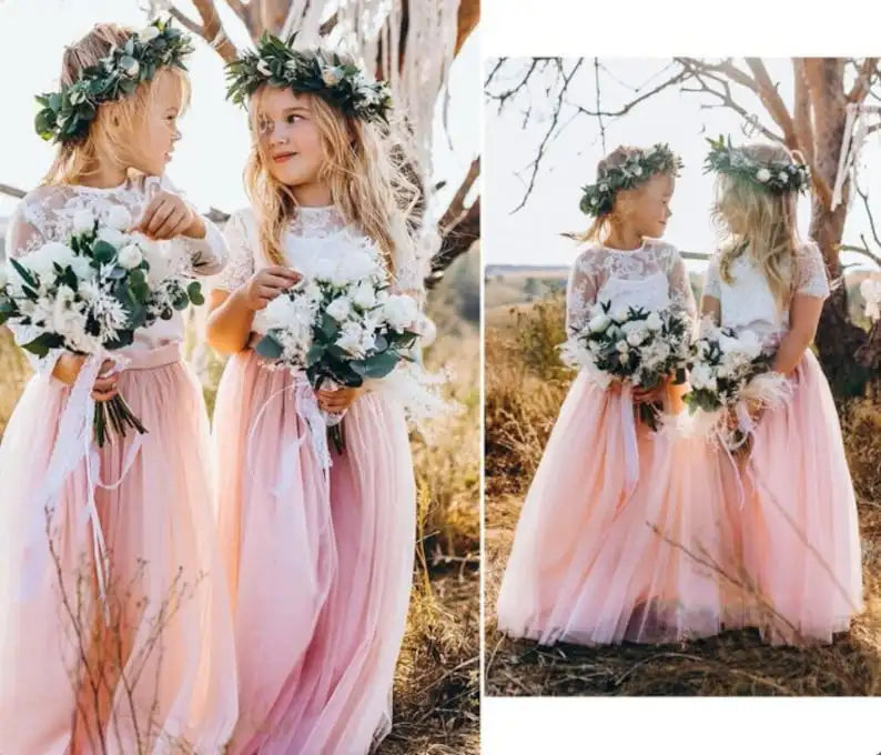 Vestido de niña de las flores Belle Flower Girl, vestido para niña de las flores, vestido de encaje para niña de las flores, falda larga de tul estilo bohemio, vestido de princesa en cascada 