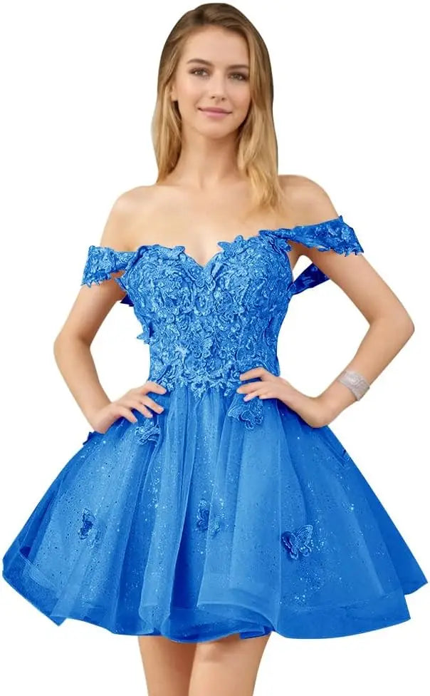 Glitter Tulle Appliques Homecoming Dresses for Teens Beaded Off Shoulder Short Prom Dresses Lace Cocktail Mini Dress Club Gowns