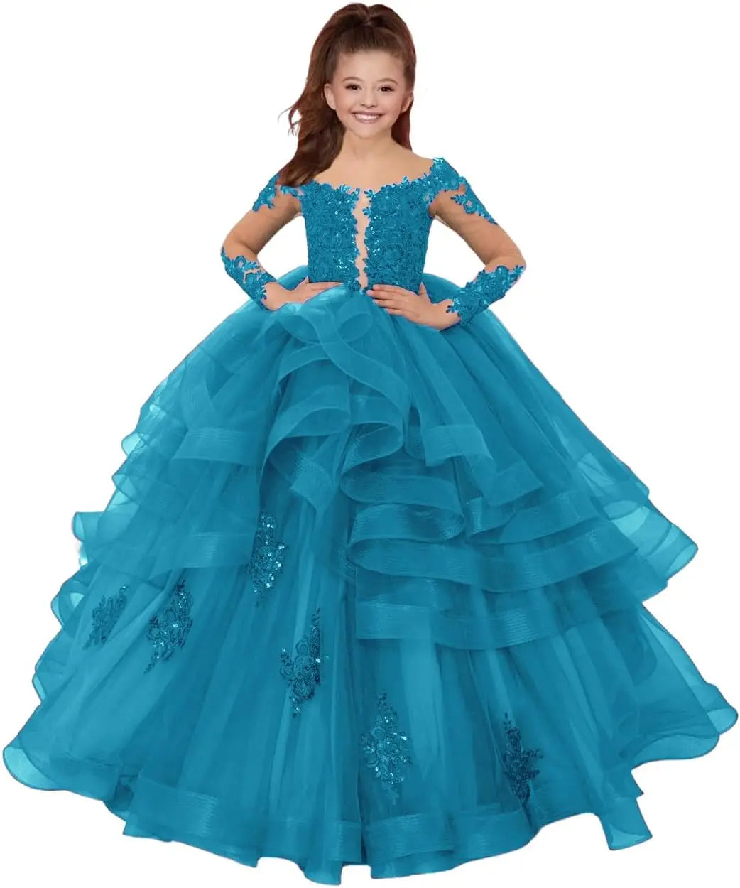 Custom made Princess Long Sleeve Flower Girl Dresses Appliques Ruffles Tulle Pageant Dresses for Girls Kids Party Ball Gowns