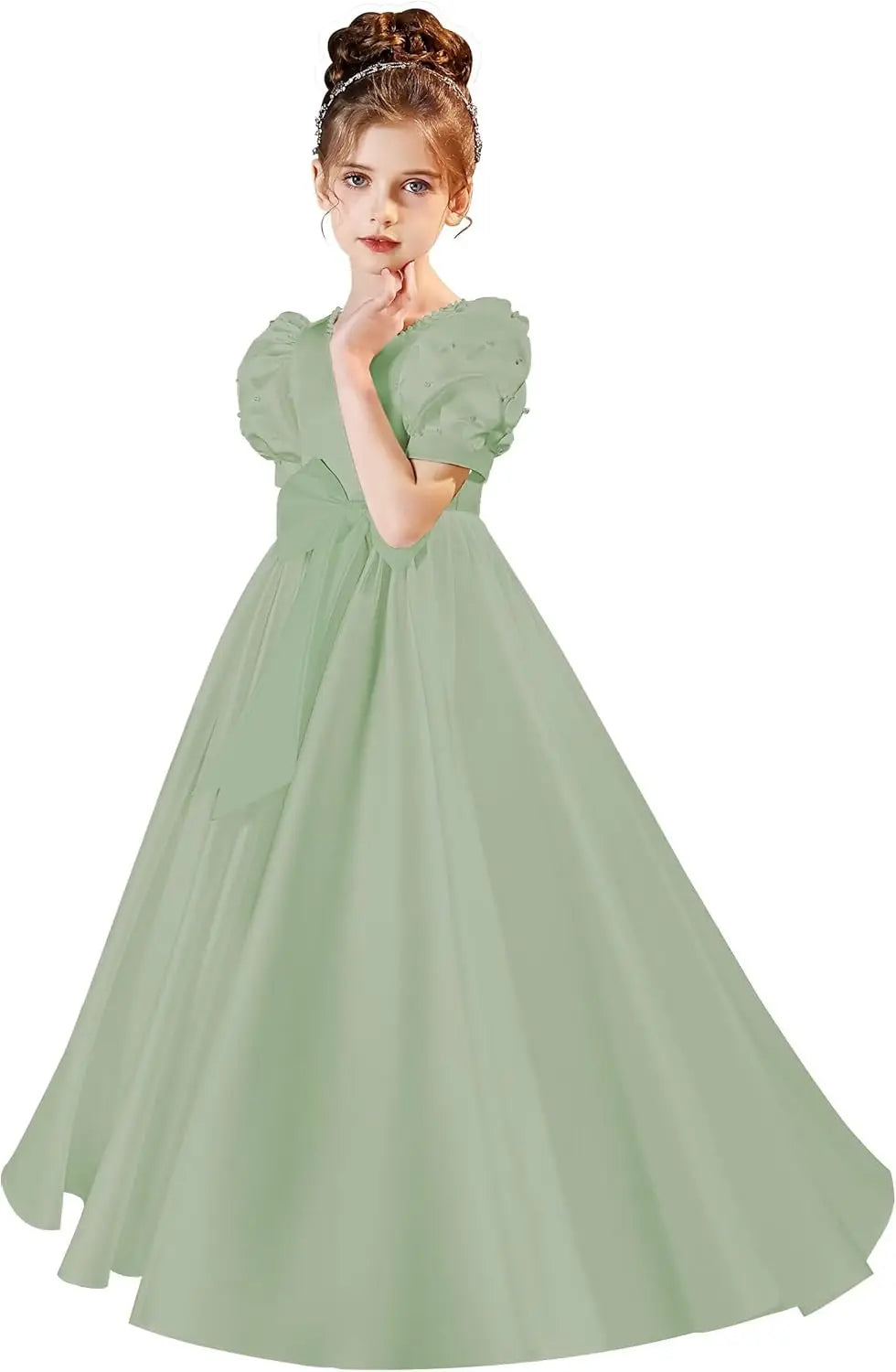 Satin First Communion Dress Flower Girl Dresses for Wedding Pearls Princess Pageant Dress with Bow-Knot