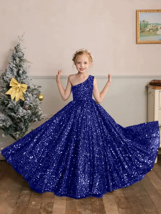 Vestido de princesa con lentejuelas abullonadas color burdeos, de un solo hombro, para bodas, fiestas de cumpleaños, banquetes, vestidos de niña de las flores, vestido de princesa 