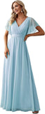 Vestido de dama de honor para mujer, escote en V, mangas con volantes, busto fruncido, largo hasta el suelo, de gasa, vestido formal para invitada de boda. 