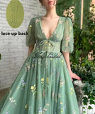 Women's Long Sleeve Flower Embroidery Tulle Prom Dresses Maxi A Line V Neck Fairy Formal Evening Party Gown Bridesmaid Dresses