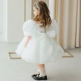 White Tulle Puffy Appliques Pearls With Bow Short Sleeve For Wedding Birthday Party Holy Communion Gowns Flower Girl Dresses