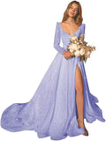 Glitter Prom Dresses Simple Long Sleeve Wedding Dresses for Bride A Line Princess Ball Gown with Slit simple wedding dress