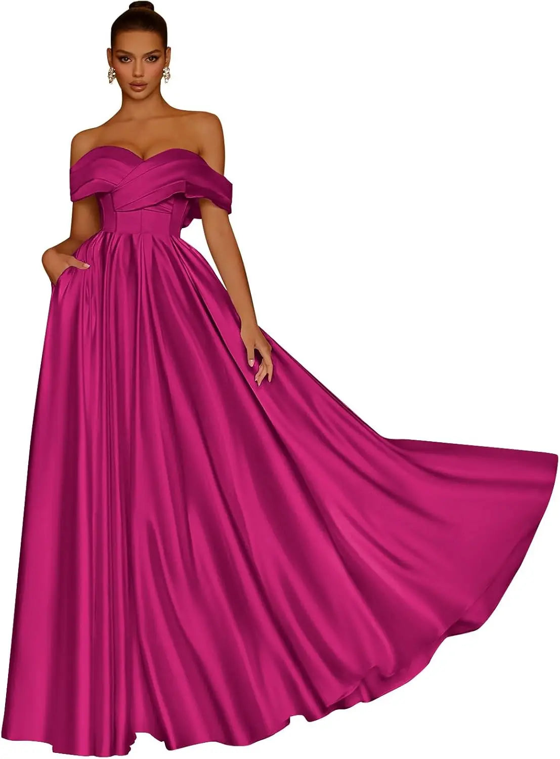 Damen Schulterfreies Satin-Ballkleid, lang, V-Ausschnitt, A-Linie, formelles Abendkleid mit Taschen, Ballkleid 