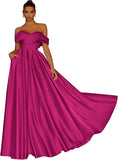 Damen Schulterfreies Satin-Ballkleid, lang, V-Ausschnitt, A-Linie, formelles Abendkleid mit Taschen, Ballkleid 