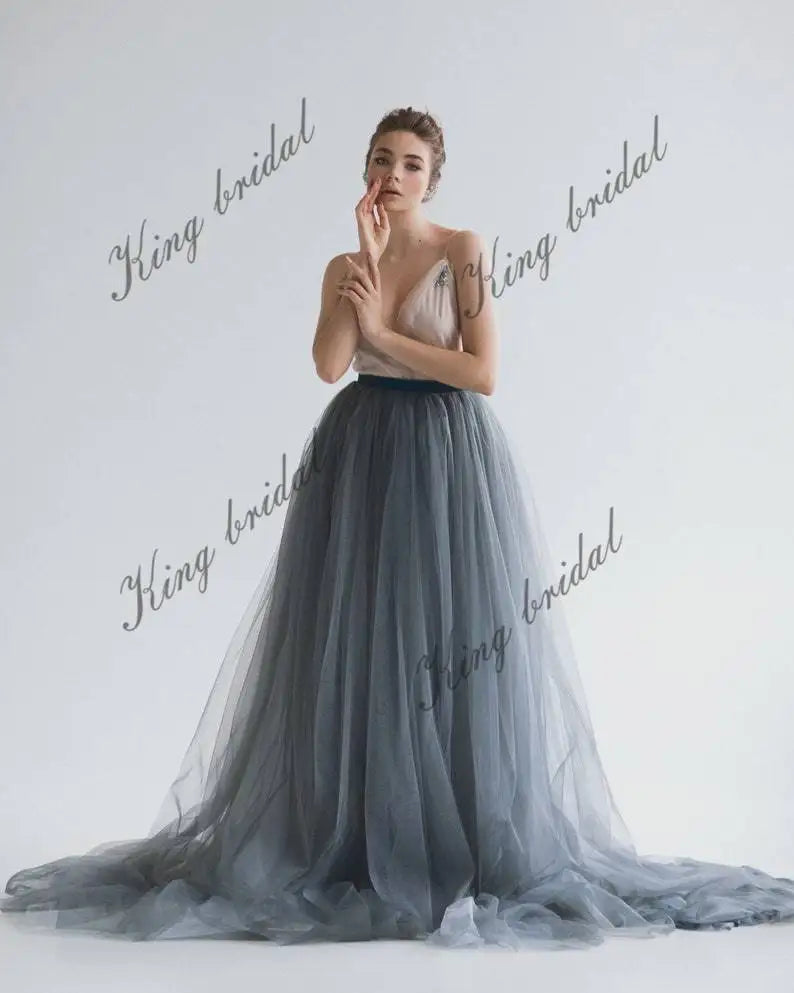 Dark blue wedding dress Tulle bridal full dress, Bridal bow sash dress bride simple wedding party evening dresses