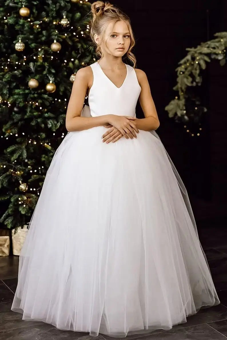 Crossed Straps Flower Girl Dress Satin Long Prom Dress with Bow Puffy Tulle Pageant Dresses for Girls princess dress