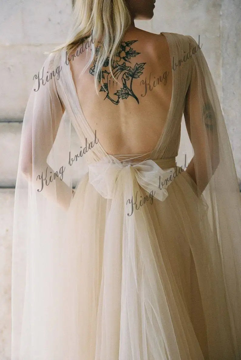 A-line wedding dresses cape sleeves Champagne ball gown wedding dress Princess bridal gown  Romantic two-piece bridal