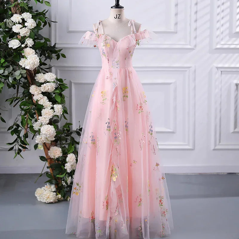 New Spaghetti Strap Evening Dresses Sweet Embroidery Flower Tulle Party Dress Elegant Long A-line Prom Dresses Customized