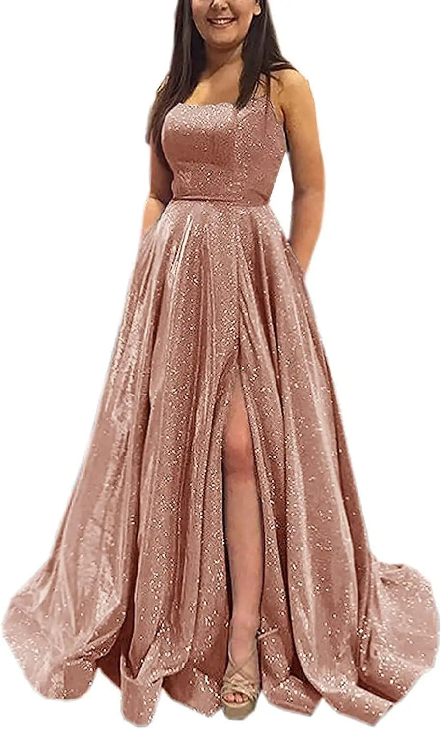 Vestidos de fiesta con purpurina para mujer, 2025, con tirantes finos abiertos, largos, formales, para noche, boda, fiesta, baile, con bolsillos 