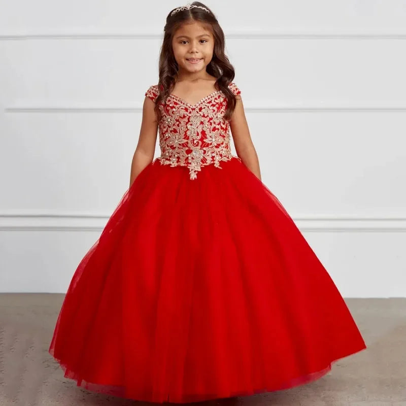 Vestidos de princesa para banquete de fiesta de cumpleaños, vestidos de niña de las flores personalizados, azul real, estampado dorado, apliques sin mangas para boda 