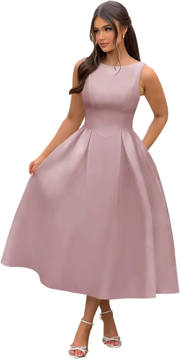 Vestidos de fiesta de satén con cuello barco y midi, largos hasta la rodilla, espalda escotada, corte en A, vestidos formales de noche para fiesta, vestido de cóctel y fiesta 