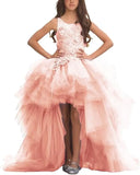 Blumenmädchenkleid für Mädchen, hoch und niedrig, Festzugskleider, gestufte Tüllapplikationen, Prinzessin, formelle Party, Ballkleid, Festzug für Mädchen 