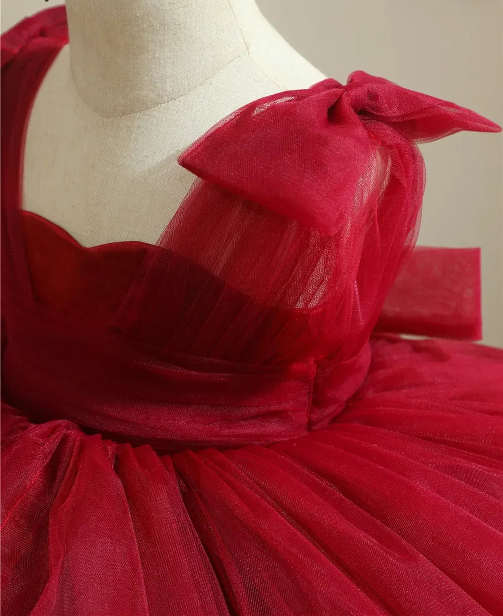 Festzugskleider für Mädchen Erstkommunionkleid Maßgeschneidertes Burgunder Blumenmädchenkleid für Hochzeit mit Schleife 