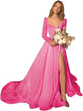 Glitter Prom Dresses Simple Long Sleeve Wedding Dresses for Bride A Line Princess Ball Gown with Slit simple wedding dress