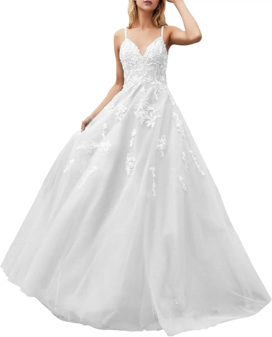 Vestidos de fiesta de tul brillante para adolescentes, con apliques de encaje y cuentas, vestidos largos de baile con tirantes finos, vestidos formales, vestido de novia sencillo. 