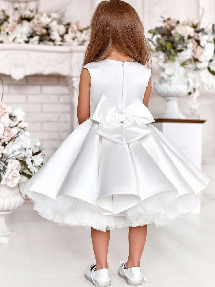Pageant Dresses For Girls  Flower Girl Dresses White Satin With Bow Sleeveless For Wedding Birthday Party Banquet Princess Gowns