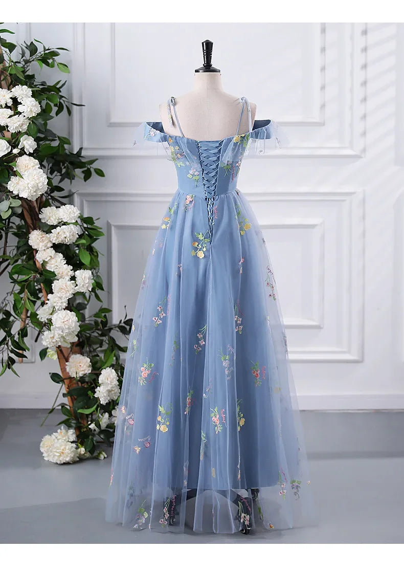 New Spaghetti Strap Evening Dresses Sweet Embroidery Flower Tulle Party Dress Elegant Long A-line Prom Dresses Customized