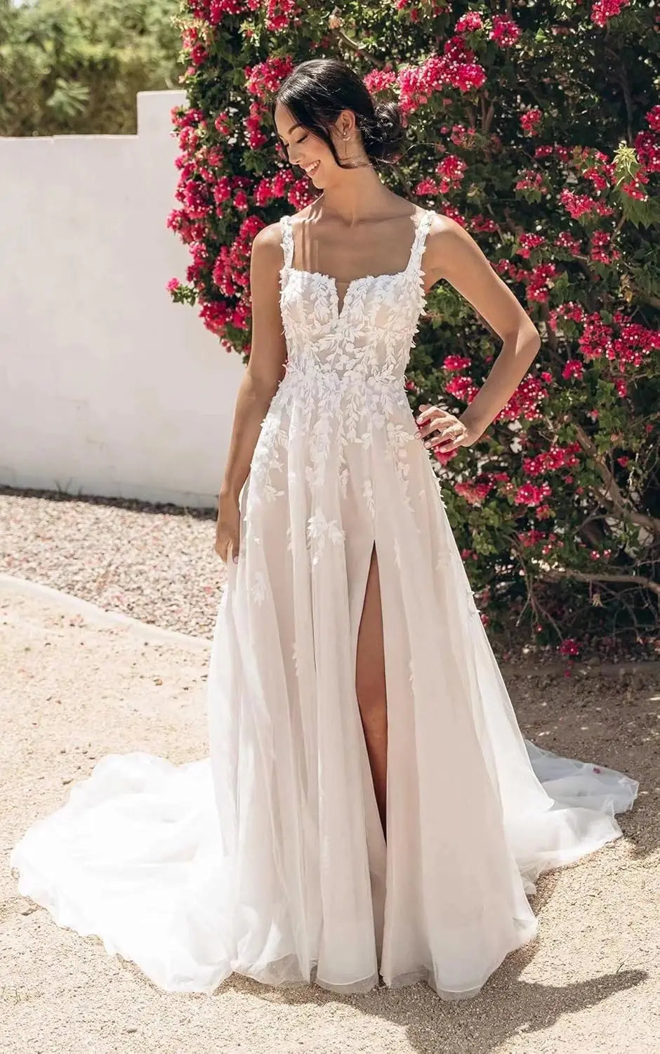 Vestidos de novia hechos a medida para novia, largos, bohemios, con encaje floral, apliques de tul, corsé, playa, línea A, vestidos de novia, vestidos de novia, mangas de encaje 