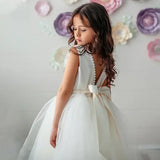 Vestidos de tul blanco satinado con escote de perla y lazo, sin mangas, para bodas, cumpleaños, fiestas, primera comunión, niñas de las flores 