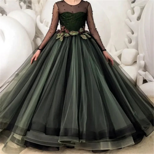 Vestido de fiesta para niña pequeña para sesión de fotos, vestidos de primera comunión, vestidos de princesa para niña de las flores para boda, apliques de encaje hasta el suelo 