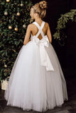 Crossed Straps Flower Girl Dress Satin Long Prom Dress with Bow Puffy Tulle Pageant Dresses for Girls princess dress