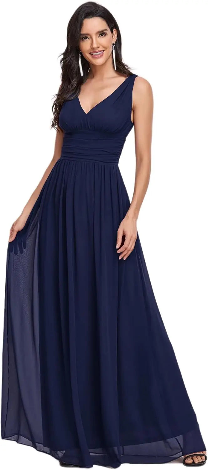Womens Bridesmaid Dress V-Neck Sleeveless A Line Chiffon Floor Length Formal Dress wedding guest dress  ball gown