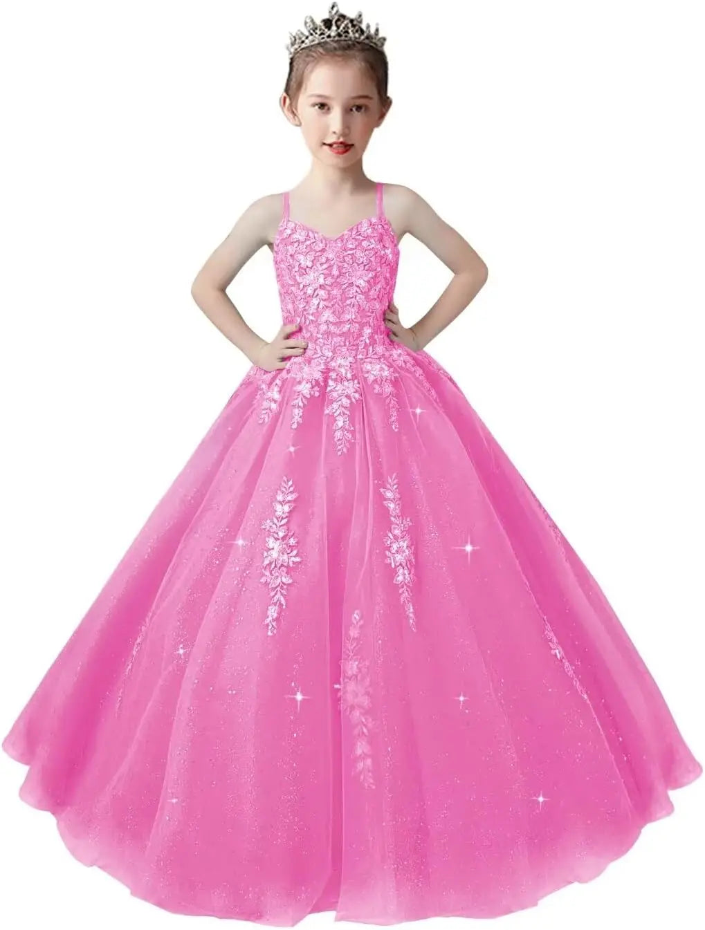 Lace Applique Tulle Pageant Gowns for Girls Ball Gown Flower Girl Dress Princess Toddler Kids Prom Pageant   Dress