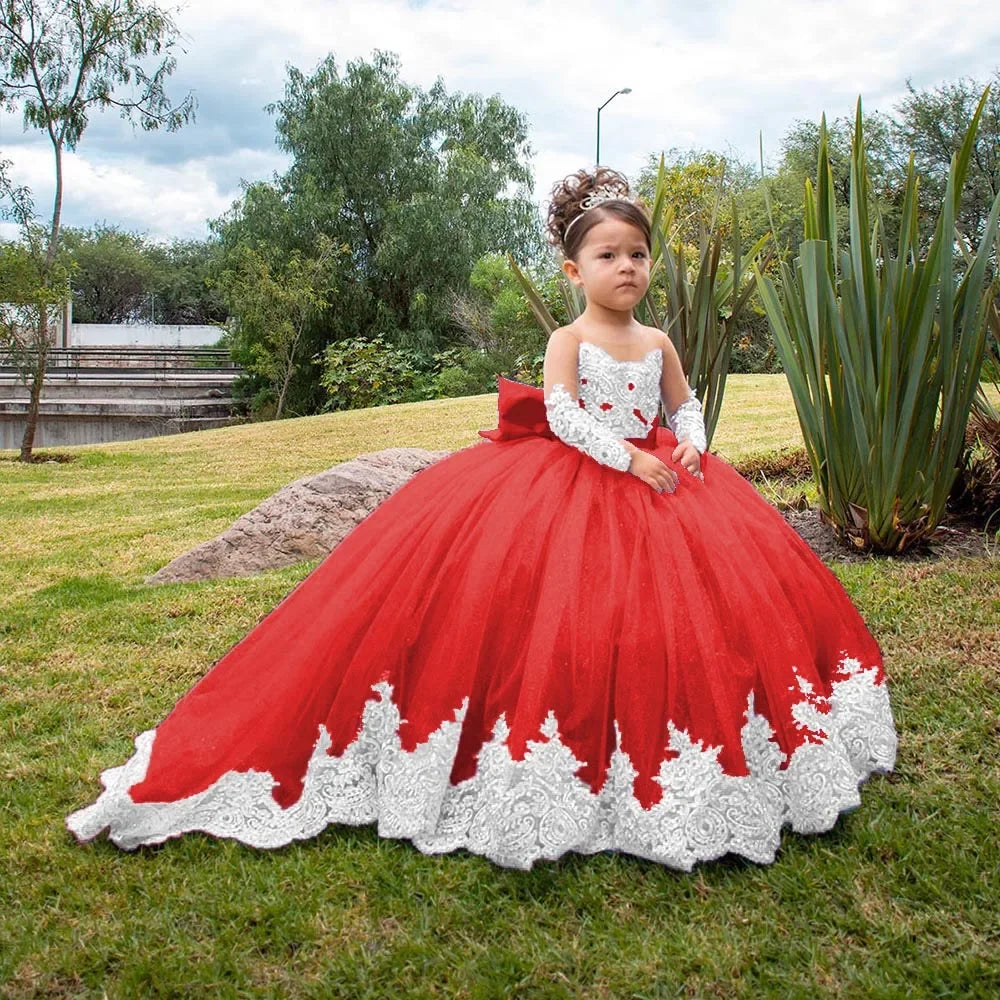 Volle Ärmel Bodenlangen Elegante Mädchen Kinder Geburtstag Party Kommunion Party Kleid Spitze Applikationen Blumenmädchen Kleider für Hochzeit 