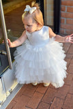 Vestido blanco para niña de flores para bebés, niñas y niñas, top sin mangas de satén y tul en capas con lazo grande en la espalda, vestido dulce 