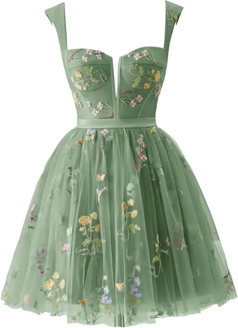 Flower Embroidery Short Tulle Homecoming Dresses for Teens Corset Mini Prom Dress Fairy Formal Party Gown Junior Bridesmaid Gown