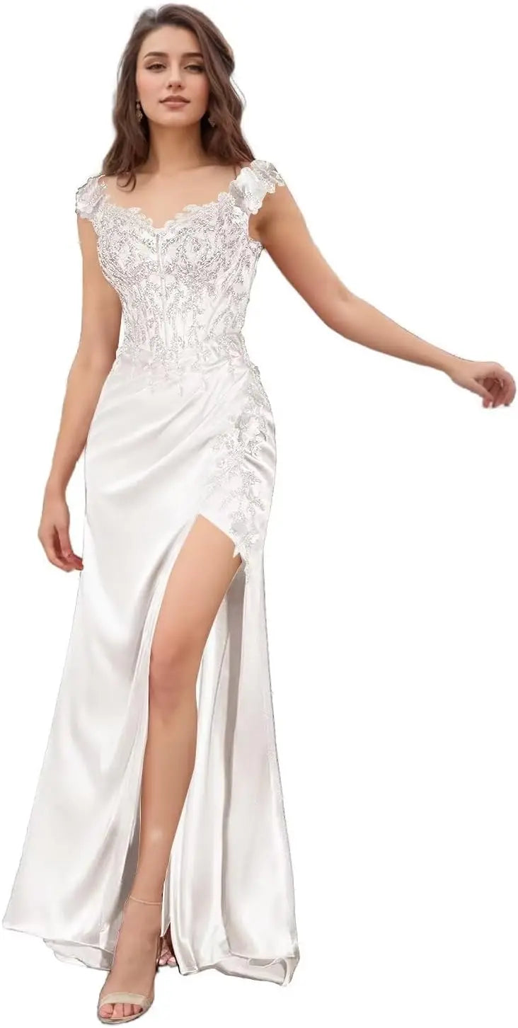 Elegant Satin Prom Dresses for Women Long 2025 3D Flower Lace Applique Off Shoulder Formal Evening Wedding Party Gown with Slit