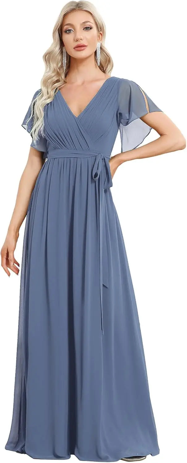 Vestido de dama de honor para mujer, escote en V, mangas con volantes, busto fruncido, largo hasta el suelo, de gasa, vestido formal para invitada de boda. 